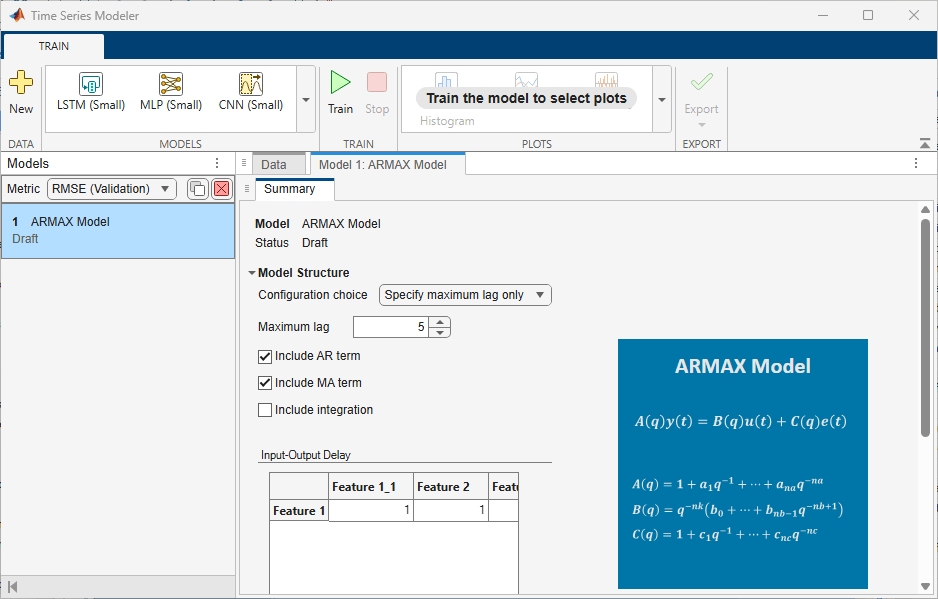 ARMAX Model configuration options in the app