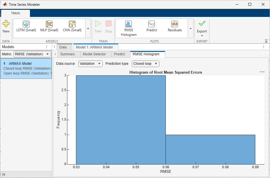 The app displaying the RMSE histogram