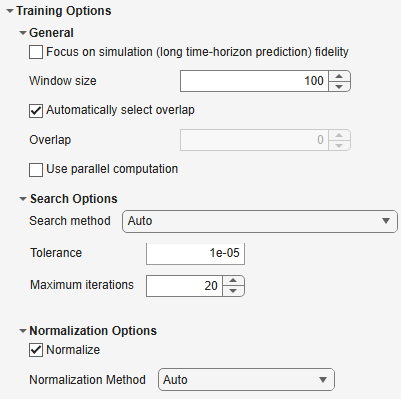 Nonlinear ARX Model training options in the app