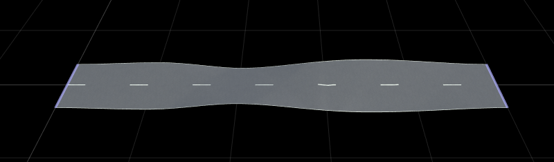 RoadRunner scene canvas showing the creation of multiple banking transitions along the road