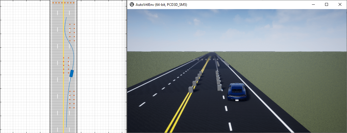 On left, double lane change maneuver in Driving Scenario Designer. On right, double lane change maneuver in 3D display.
