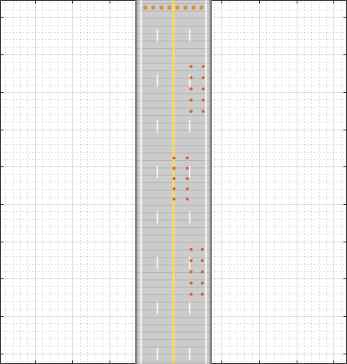 Divided highway scene with traffic cones for completing a double lane change maneuver