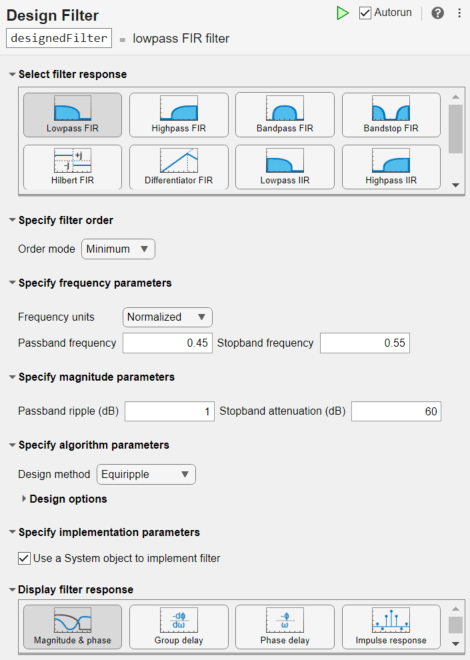 Design Filter Live Editor task showing the lowpass FIR filter response