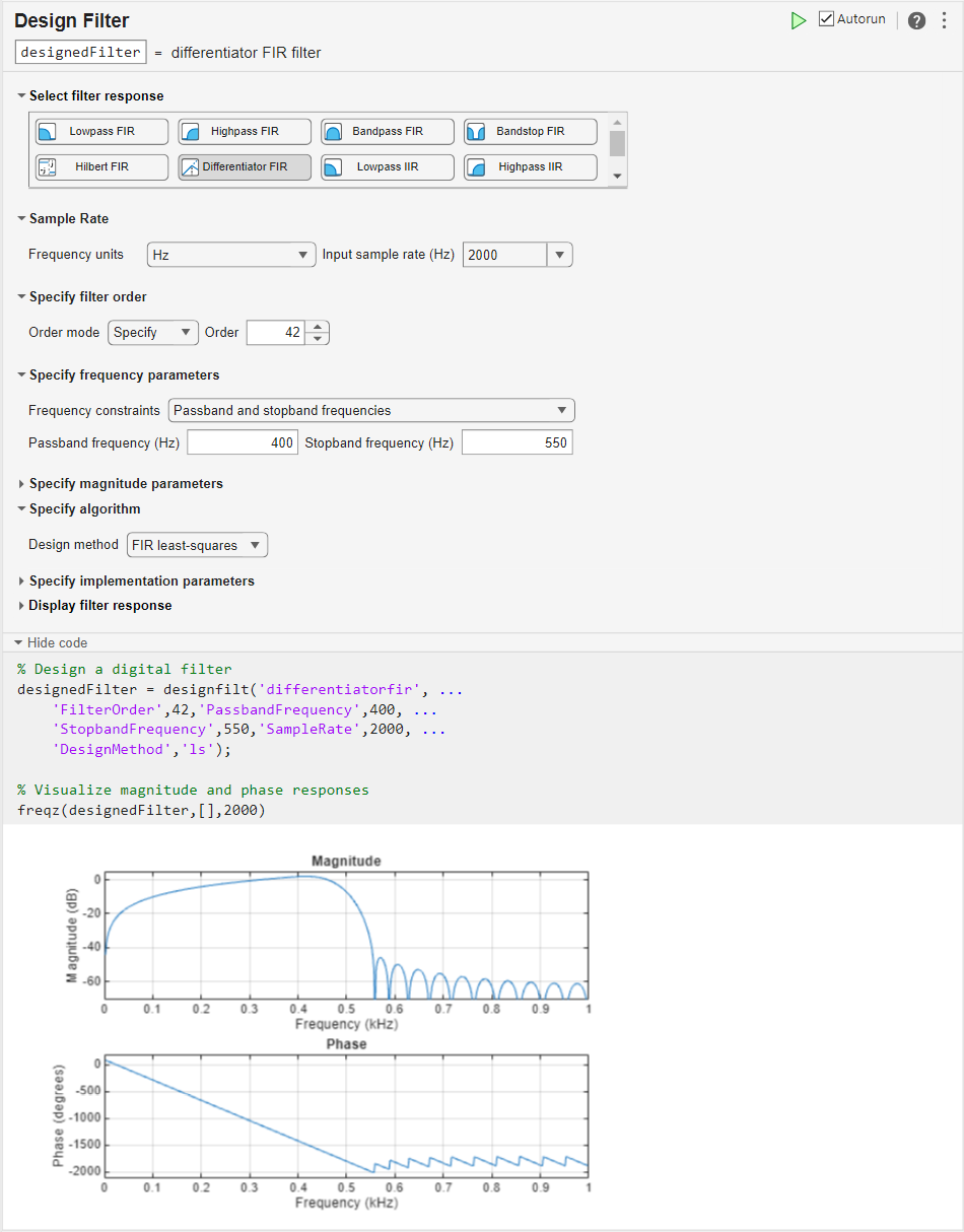 Differentiator FIR filter design using Live Editor task