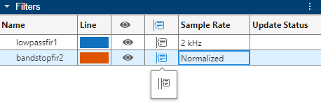 Filters table showing name, line color, eye, cursor, sample rate, and update status columns