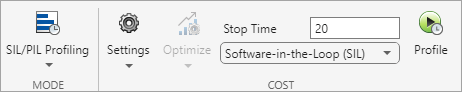 SIL and PIL profiling settings in the toolstrip