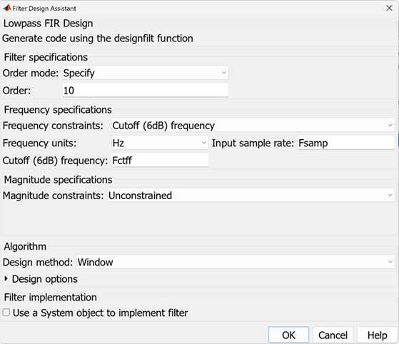 Filter Design Assistant dialog box for lowpass FIR design