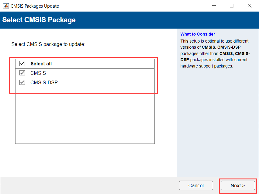 Select CMSIS package window with CMSIS and CMSIS-DSP check-boxes.
