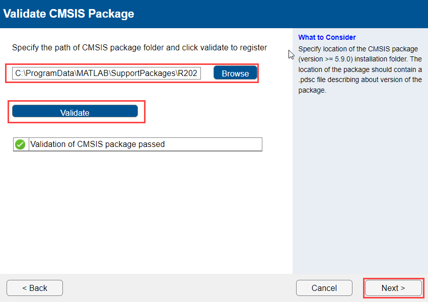 Validate CMSIS package window which has the option to browse the CMSIS package folder and a validate button.
