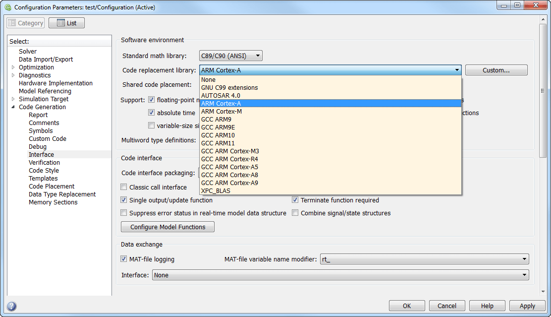Use the Configuration Parameters dialog box to select the code replacement library.