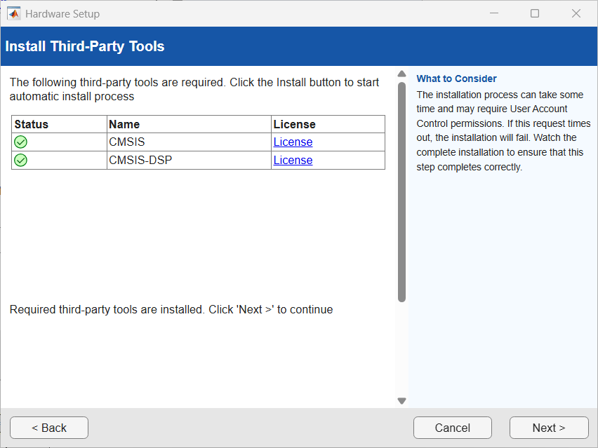 Hardware Setup window displaying the Install Third‑Party Tools step. A table lists CMSIS and CMSIS‑DSP with links beside each item.
