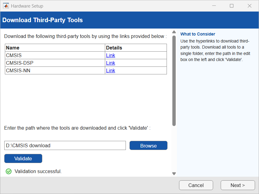 Hardware Setup window displaying the Download Third‑Party Tools step. A table lists CMSIS, CMSIS‑DSP, and CMSIS-NN with links beside each item. A field at the bottom of the window to browse and select the path to the downloaded third-party tools. A validate button below the field to validate the specified path.