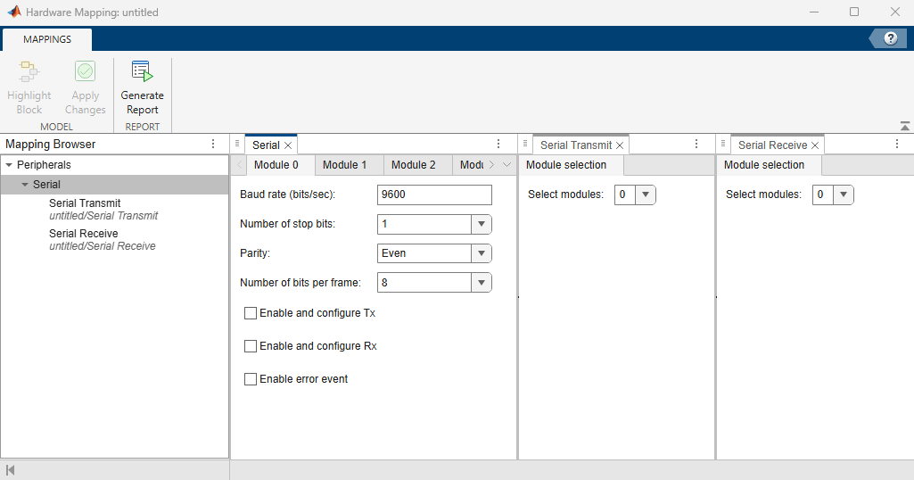 Serial blocks peripheral configuration in Hardware Mapping Tool
