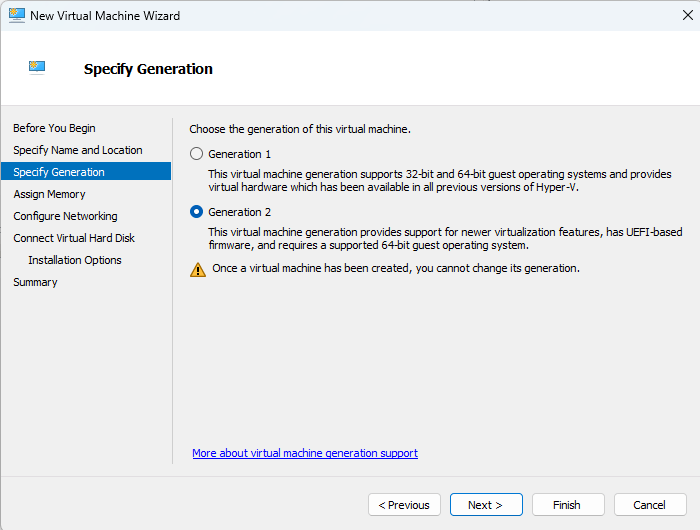 New Virtual Machine Wizard, Specify Generation