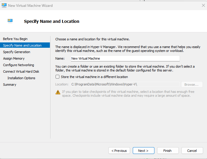 New Virtual Machine Wizard, Specify Name and Location