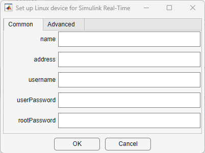 The common tab sets up the Linux device name, address, user name, user password, and root password.