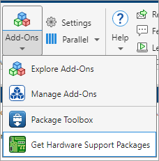 Use the Add-Ons pull down menu to Get Hardware Support Packages.