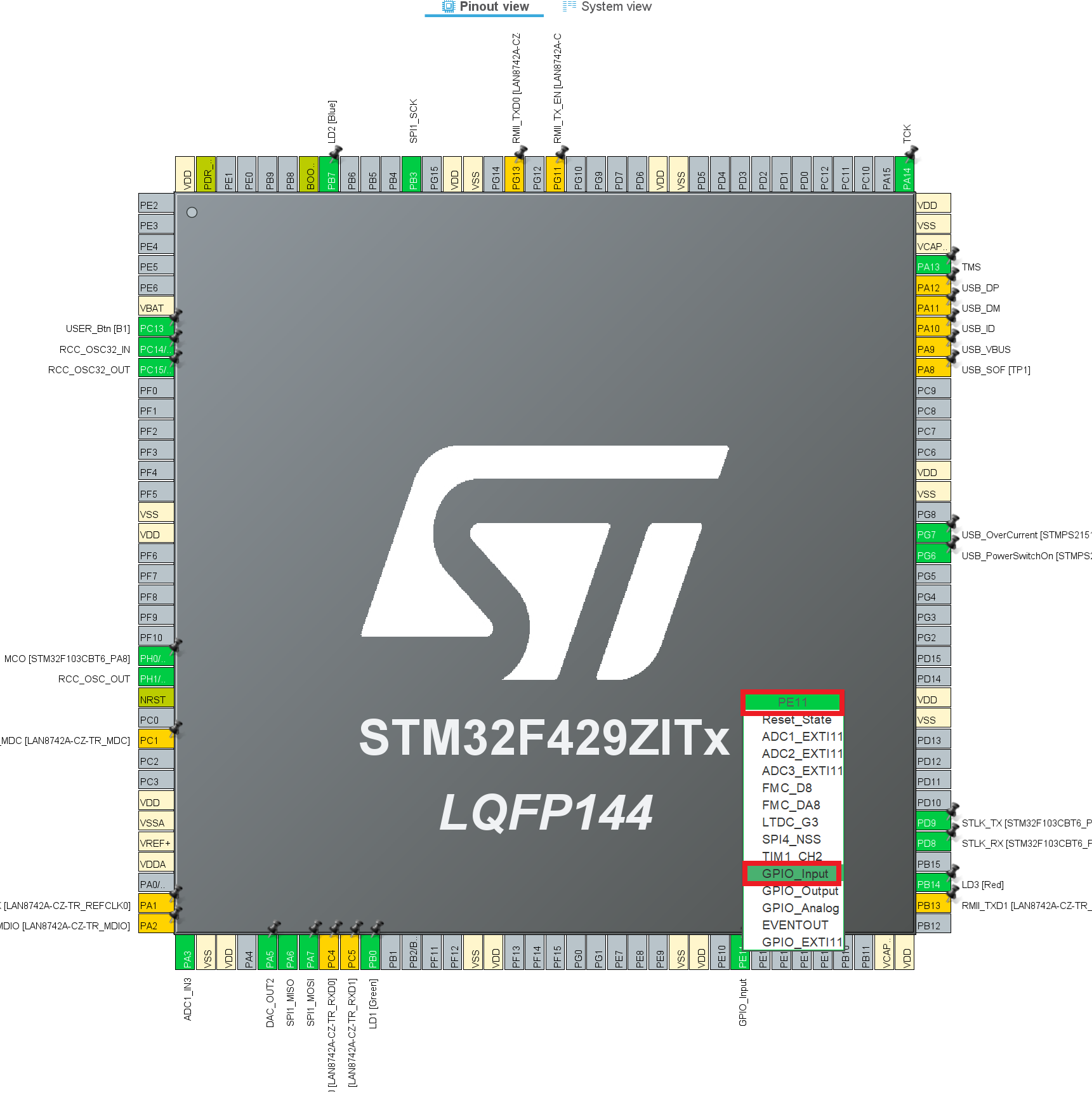 Pin map configuration for Digital I/O resource in STM32 CubeMX configuration software