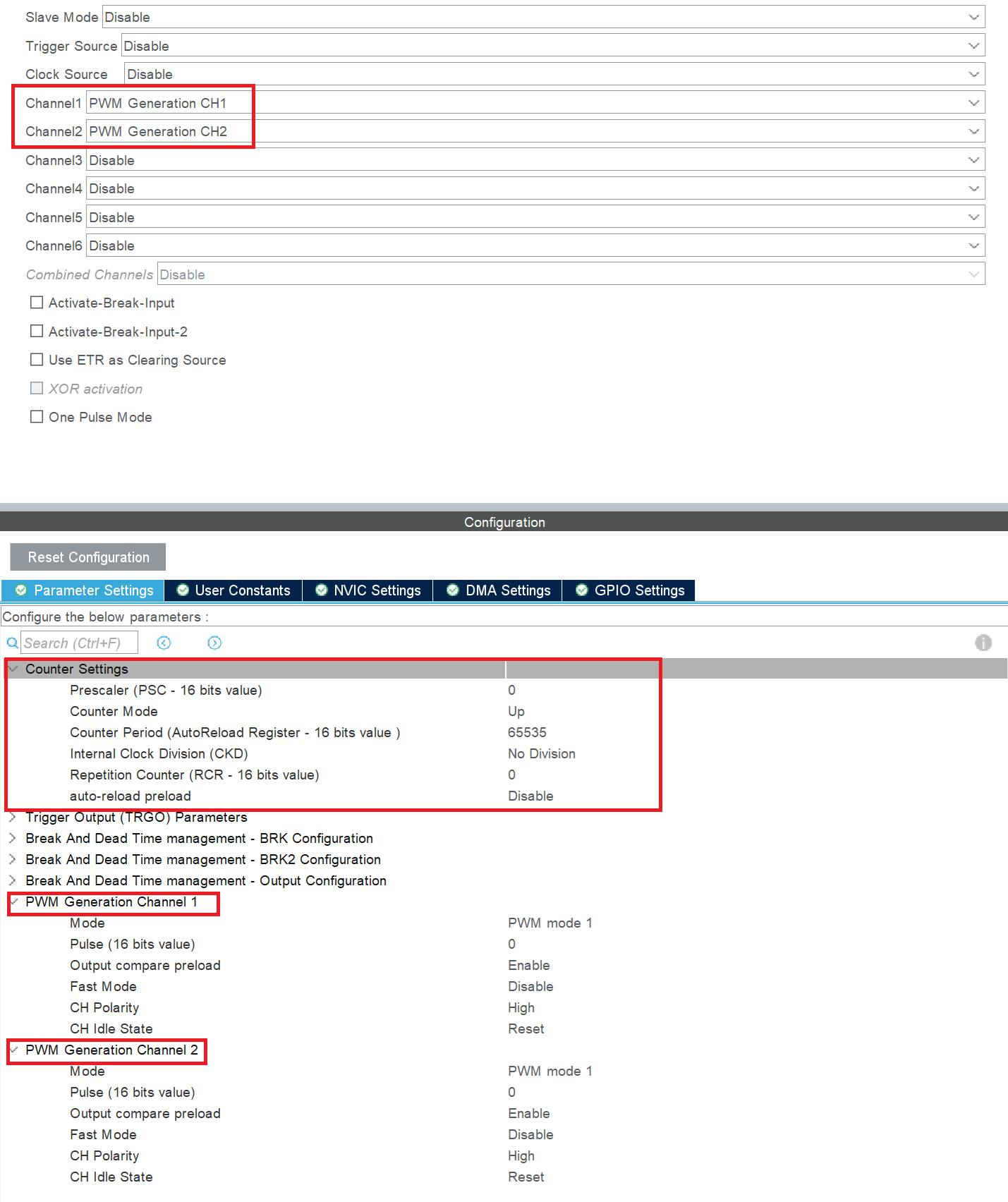 Configuration options for PWM resource in STM32 CubeMX configuration software