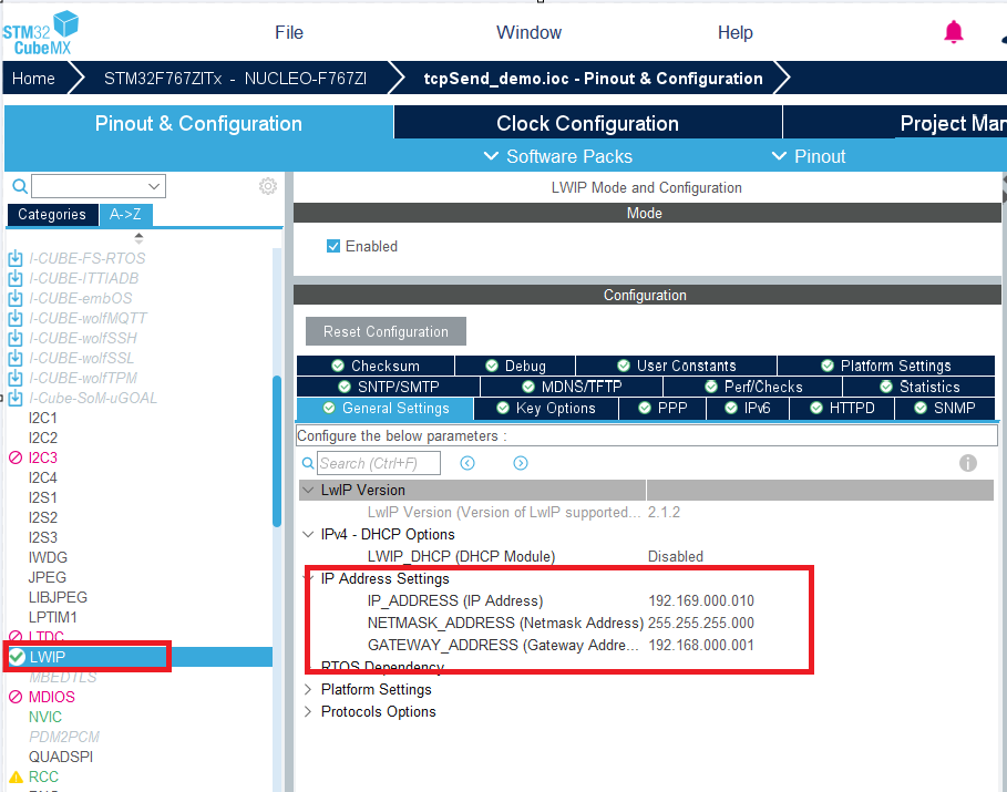 Ethernet protocol configuration for LWIP resource in STM32 CubeMX configuration software