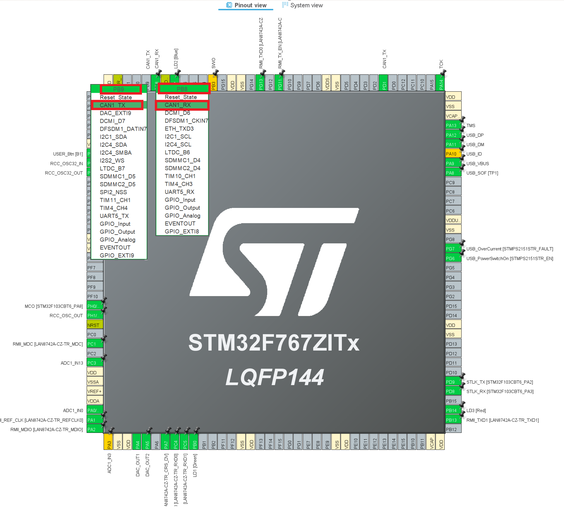 Pin out configuration for CAN resource in STM32 CubeMX configuration software