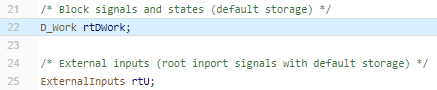 Generated code showing highlighted line with declaration of rtDwork variable.