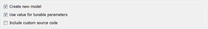 S-function target model configuration parameters with parameters Create new model and Use value for tunable parameters selected