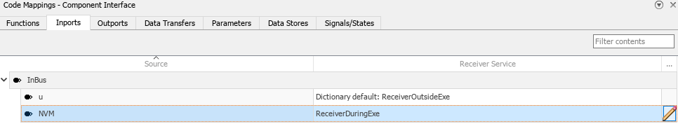 Code mappings editor with receiver service for InBus.NVM configured to ReceiverDuringExecution.