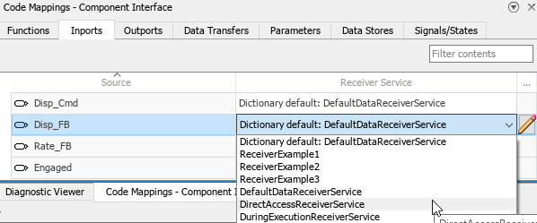 Inports code mapping showing dictionary default definition selected for the inports. The receiver service list is expanded for one inport showing the list of receiver service definitions from the shared coder dictionary.