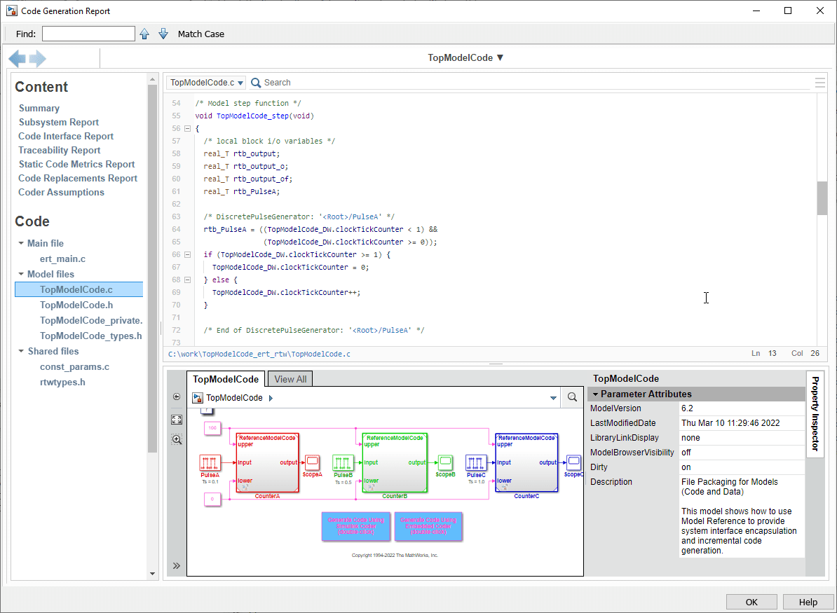 Code generation report showing code for TopModelCode and a web view of the model.
