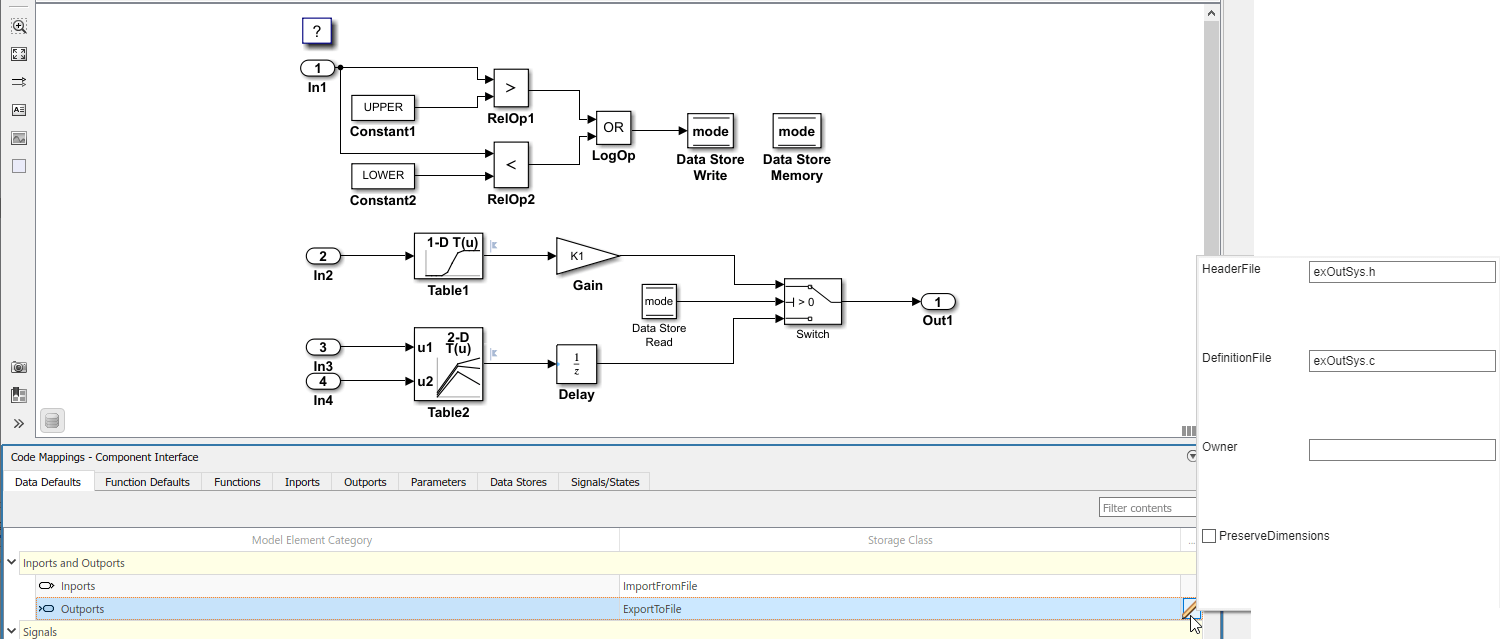 Code Mappings editor with Data Defaults tab selected, Inports and Outports tree node expanded, and storage class for Outports set to ExportToFile. Property Inspector with HeaderFile property set to exOutSys.h and DefinitionFile property set to exOutSys.c.