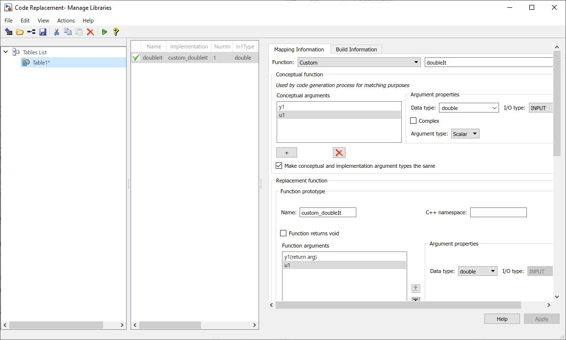 Code replacement tools showing a custom function entry.