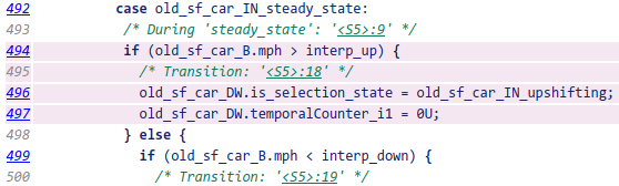 Generated code with four lines for a state transition highlighted.