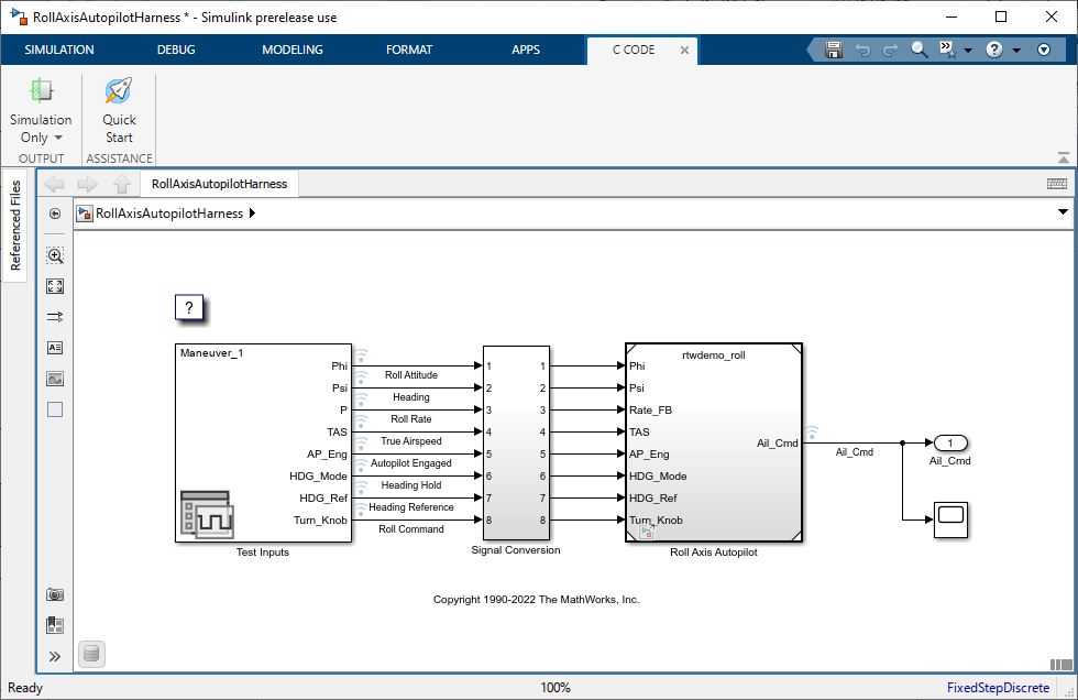 Model RollAxisAutopilotHarness showing the C Code tab. The model is configured for simulation only and the C Code tab does not show code generation options.