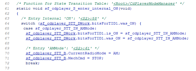 Generated function for a state transition table with hyperlinks in the comments and some structures.