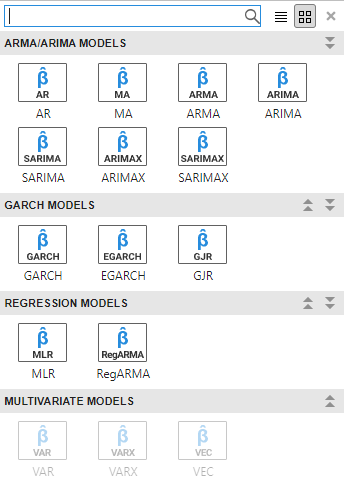 Screen shot of Models gallery with ARMA/ARIMA Models, GARCH Models, and Regression Models. Below each section there are several icons representing specific model types.