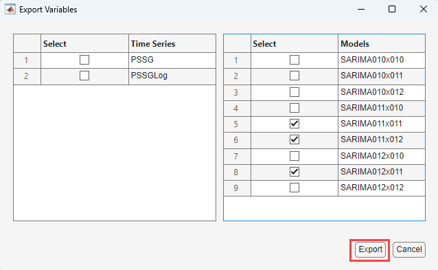 This screen shot shows the Export Variables dialog box with check boxes selected for SARIMA011x011, SARIMA011x012, and SARIMA012x011. The Export and Cancel buttons are at the bottom right of the dialog box.