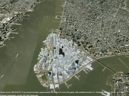 3D buildings displayed over satellite imagery