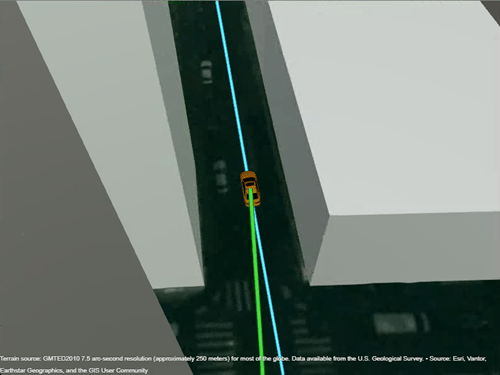 The car traveling along its trajectory. A green line indicates the car is visible.