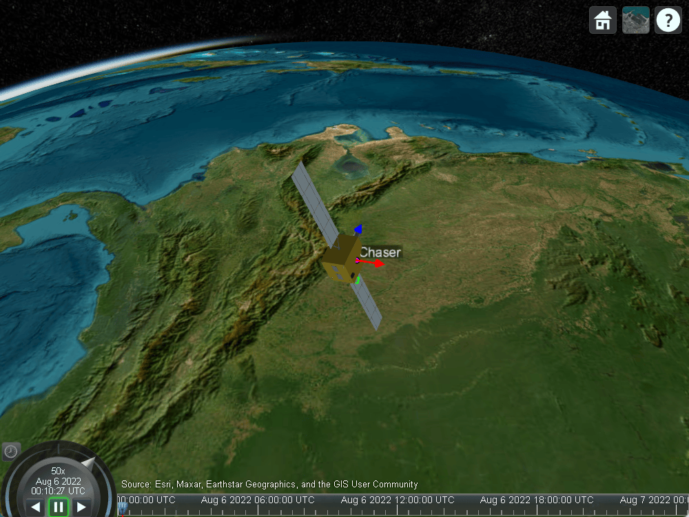 Satellite scenario viewer of reoriented chaser for first rendezvous