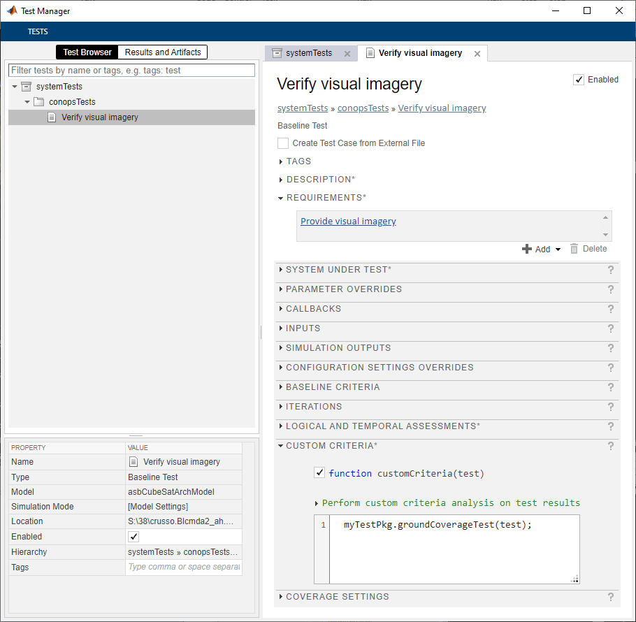 asbCubeSatArchModel in Test Manager.