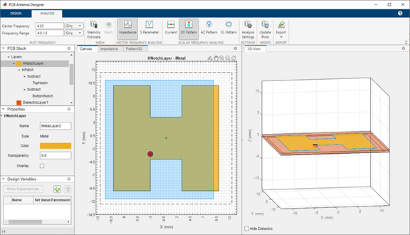 PCB Antenna Designer app canvas showing a 2D top view and a 3D view of an H‑shaped PCB antenna layout, with layer settings and properties displayed in a left panel.