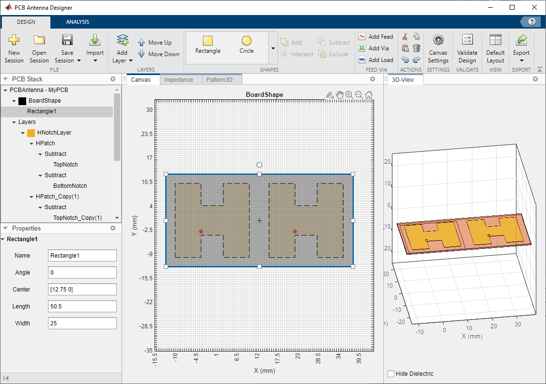 Screenshot of PCB Antenna Designer canvas showing a workspace with a dual‑section H‑shaped antenna layout. The central canvas displays a rectangular board outline with two mirrored H‑shaped copper patterns inside it, each marked with a red point near the center. On the right side, a 3D view panel shows the same antenna geometry rendered in perspective. The left sidebar lists layers and shapes, while the top toolbar includes options for editing, shapes, layers, feed insertion, and exporting.