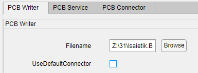 A cropped screenshot of the “PCB Writer” settings panel. The top shows three tabs: “PCB Writer,” “PCB Service,” and “PCB Connector,” with “PCB Writer” selected. Below, there is a “Filename” field containing the path and a “Browse” button. A checkbox labeled “UseDefaultConnector” appears underneath and is unchecked.