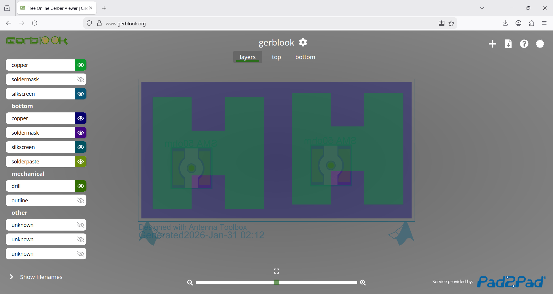 All the layers of the PCB as viewed in the online gerber viewer.