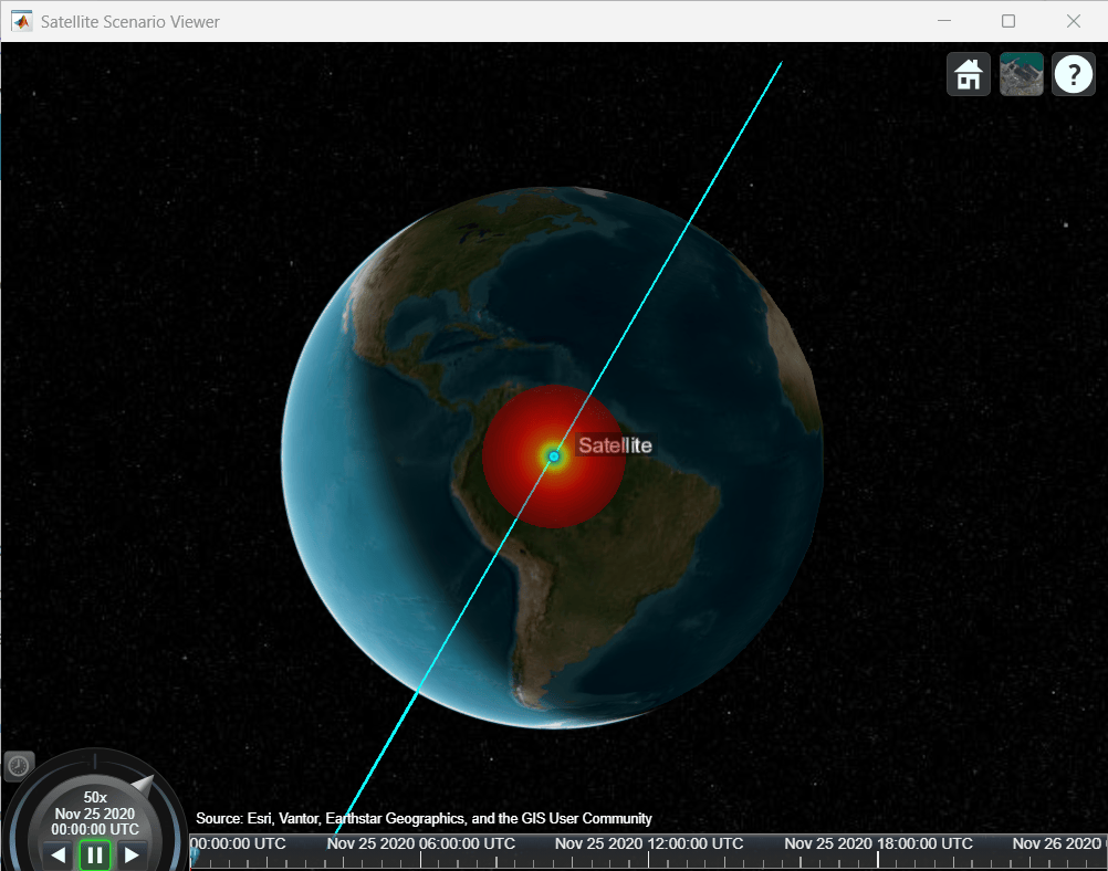 Satellite in its orbit with overlayed transmitter radiation pattern.