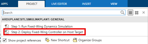 Step 2: Deploy Fixed-Wing Controller on Host Target shortcut on the Project tab of the MATLAB Toolstrip.