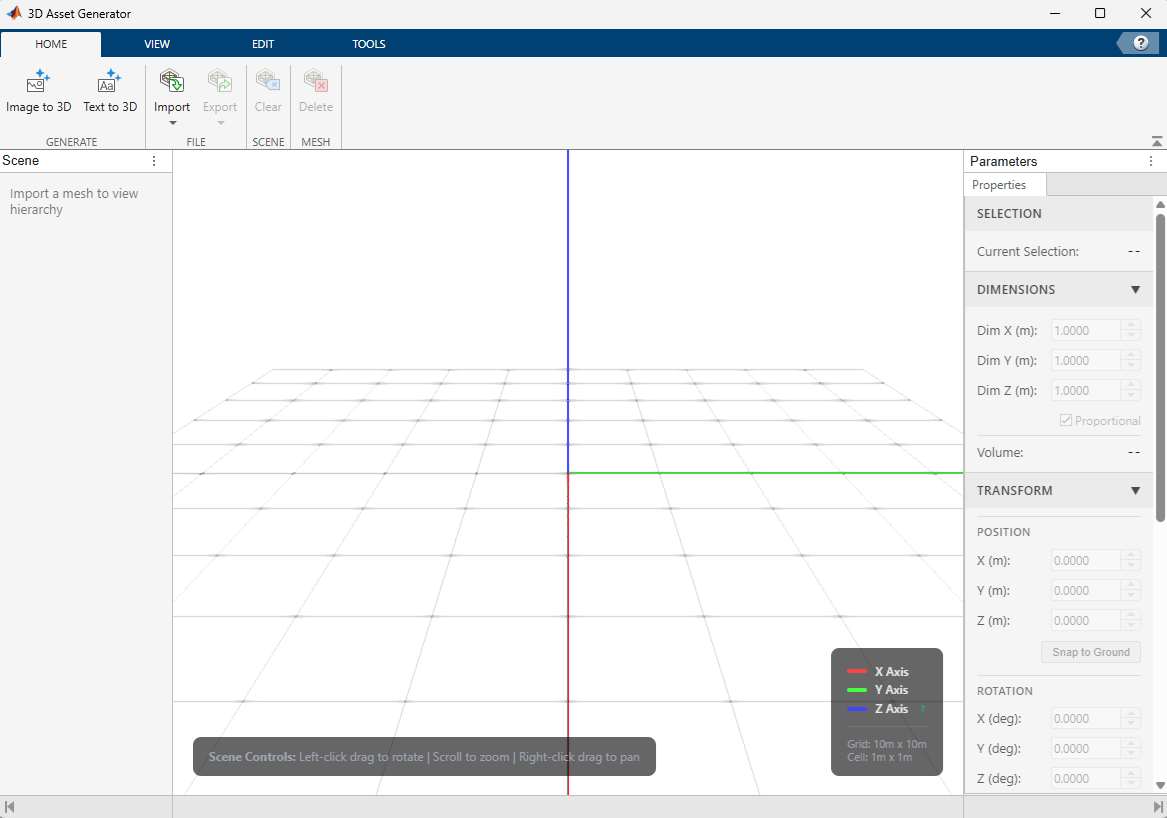Asset Generator app with empty 3D canvas, ground grid, world axes, Mesh panel on left, and Parameters panel on right