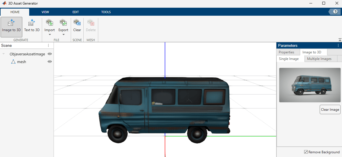 Asset Generator app showing generated textured van mesh in 3D canvas with mesh hierarchy in Mesh panel using reference input image.