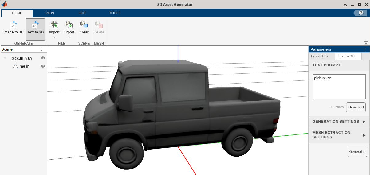 Asset Generator app showing generated textured pickup van mesh in 3D canvas with mesh hierarchy in Mesh panel using text prompt.